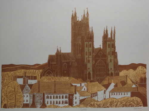Canterbury Cathedral, original linocut by Robert Tavener (1920-2004)
