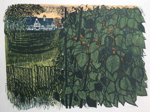 Farmhouse and Beanstalks, original linocut by RobertTavener (1920-2004)